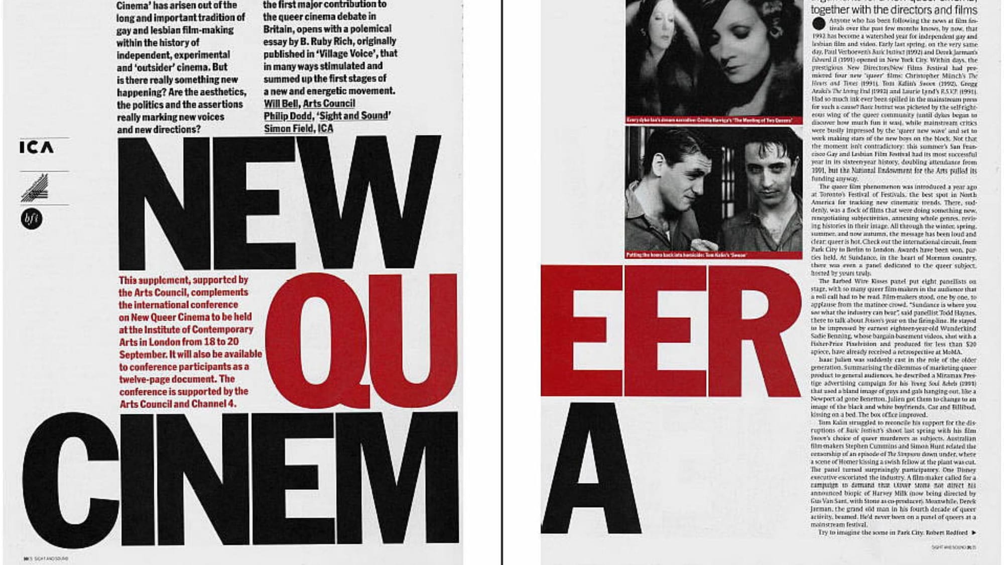 Escaneo de una doble página de la revista Sight and Sound con el gran titular en tipografía negrita "NEW QUEER CINEMA" en colores negro y rojo, acompañado de columnas de texto de crítica cinematográfica e imágenes fijas en blanco y negro.