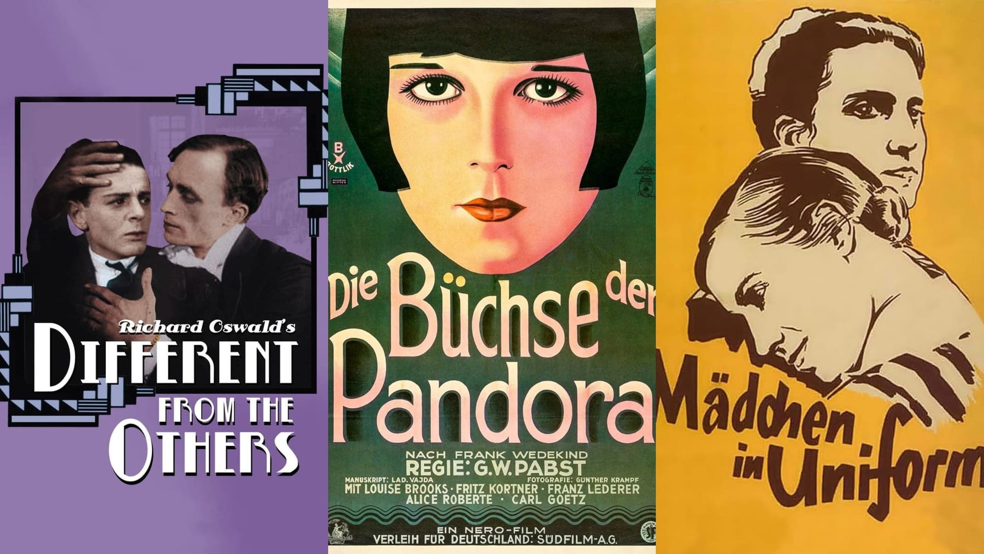 Composición horizontal de tres pósters de cine clásico: a la izquierda "Different from the Others" (1919) en tonos morados, al centro el rostro de Louise Brooks en "Die Büchse der Pandora" (1929) y a la derecha el diseño ilustrado de "Mädchen in Uniform" (1931) sobre un fondo amarillo.