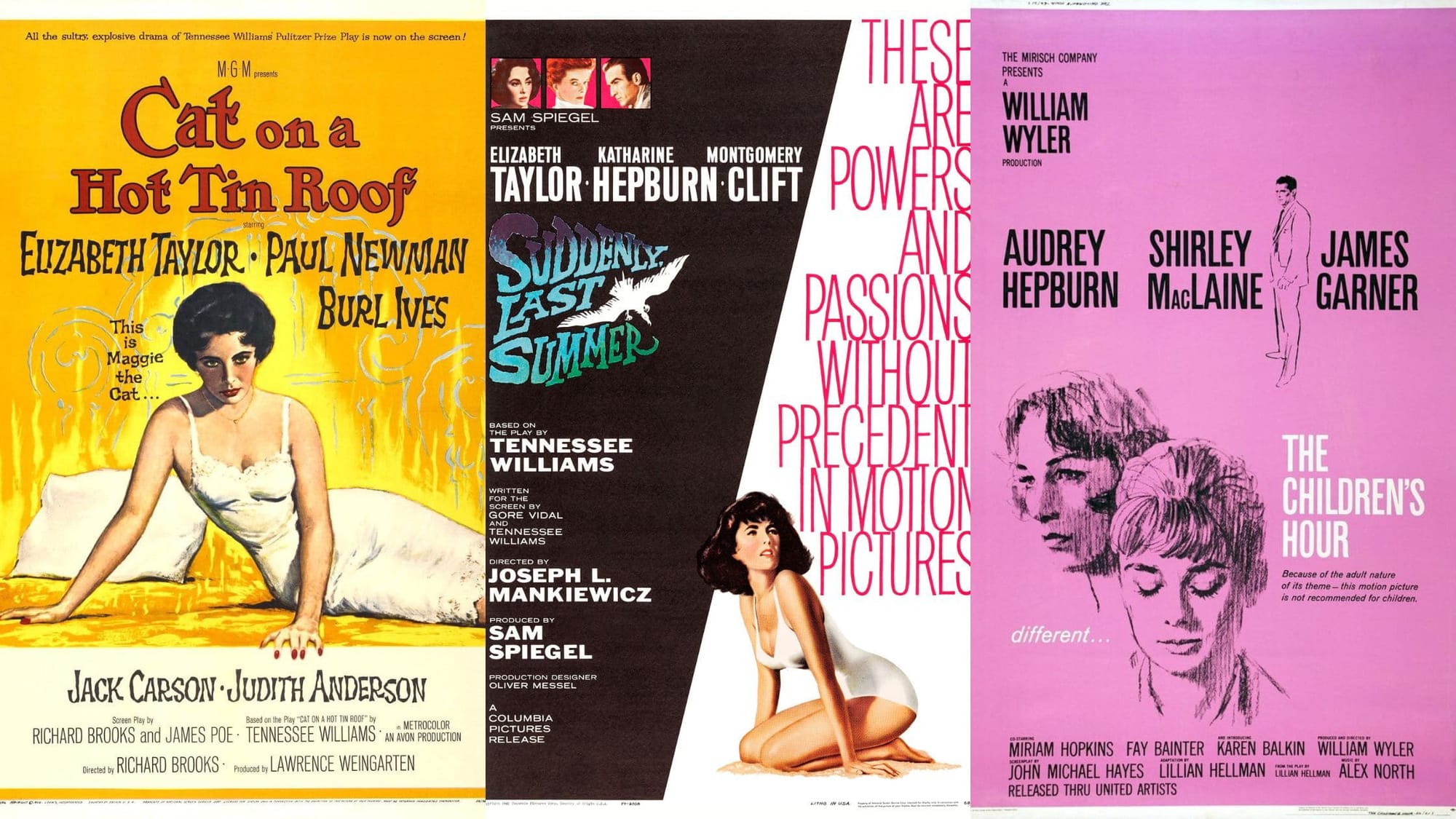 Tres carteles vintage de películas clásicas de Hollywood basadas en obras de Tennessee Williams y Lillian Hellman: "Cat on a Hot Tin Roof" en tonos amarillos, "Suddenly, Last Summer" en blanco y negro, y "The Children's Hour" sobre un fondo rosa vibrante.