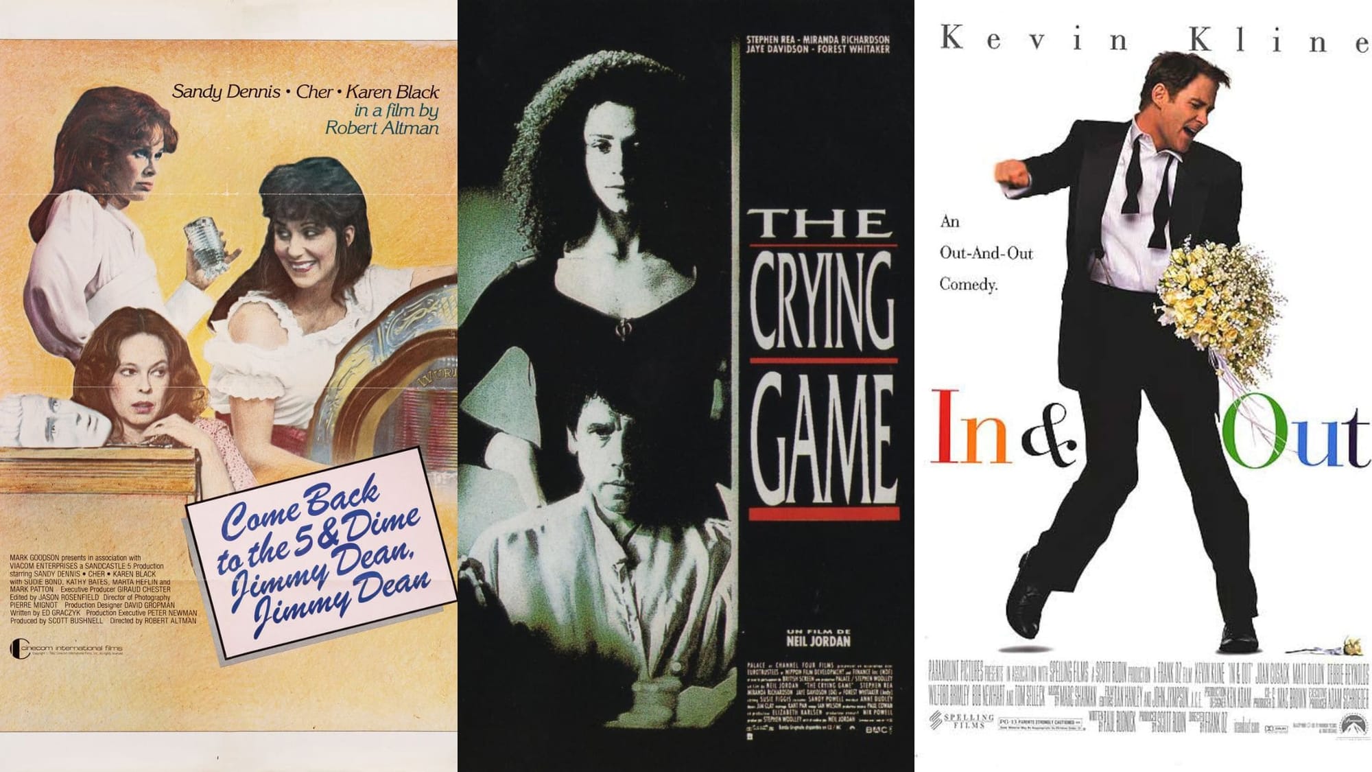 Tres carteles cinematográficos de los años 80 y 90 dispuestos uno al lado del otro: el drama coral de Robert Altman "Come Back to the 5 & Dime, Jimmy Dean, Jimmy Dean", el misterioso diseño sombrío de "The Crying Game" y la comedia de Kevin Kline "In & Out".