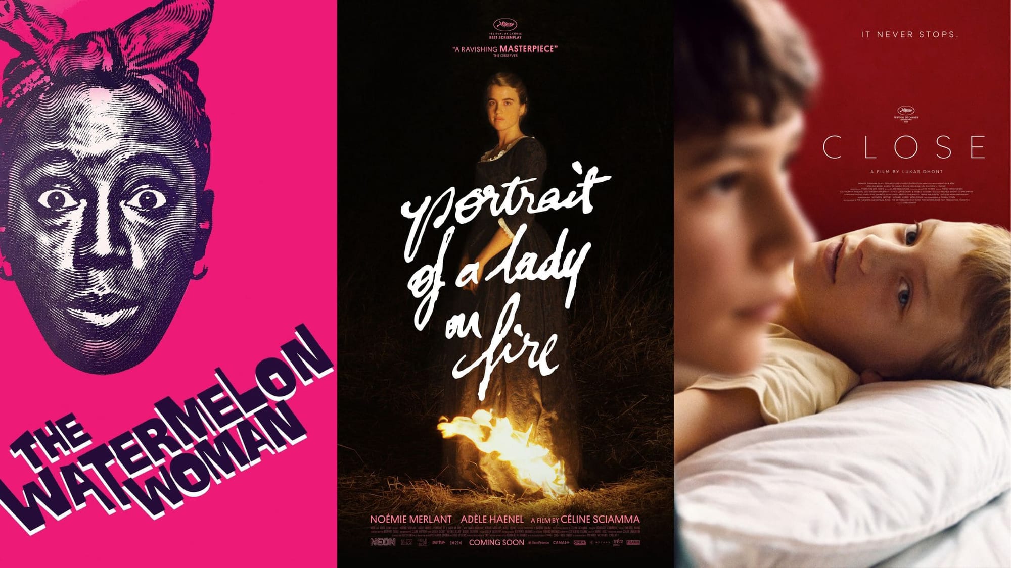 Tres afiches de cine independiente y contemporáneo en paralelo: a la izquierda el rostro en grabado sobre fondo fucsia de "The Watermelon Woman", al centro la silueta nocturna iluminada por fuego de "Portrait of a Lady on Fire" y a la derecha el primer plano íntimo de dos niños en la cama de "Close".